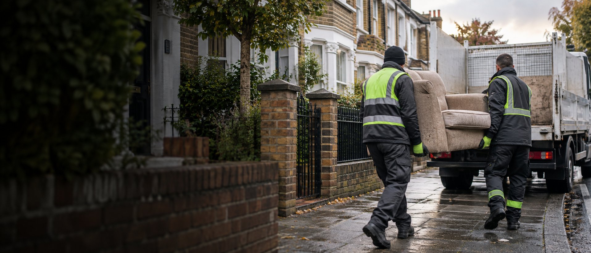 Illustrative rubbish clearance scene with two workers carrying an armchair towards a tipper truck
